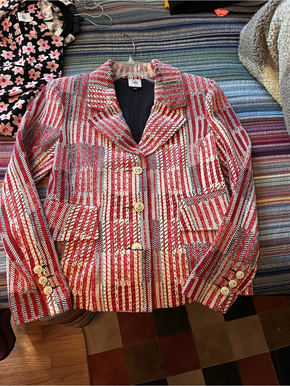 CAbi Red and White Striped Tweed Blazer Jacket